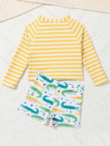 Baby Boys' Cartoon Dinosaur Print Striped Long Sleeve One-piece Swimwear - Yellow - View 2