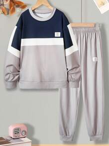 SHEIN Boys' (big) Letter Print And Color Blocking Loose Fit Sweatshirt And Sweatpants Set - Multicolor - View 1