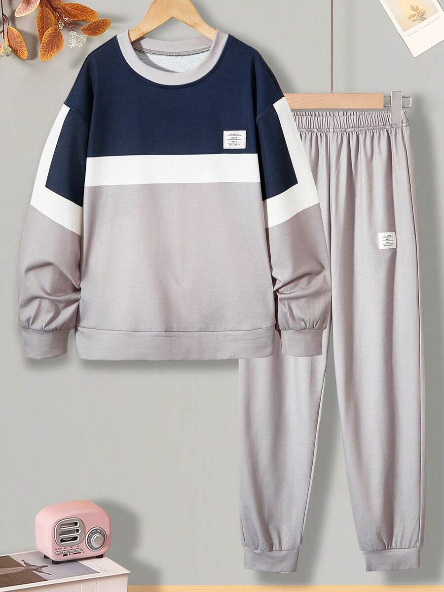 SHEIN Boys' (big) Letter Print And Color Blocking Loose Fit Sweatshirt And Sweatpants Set - Multicolor - View 1