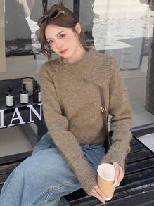 Dazy Designer Sólido Suéter De Cuello Asimétrico - Albaricoque - Ver 5