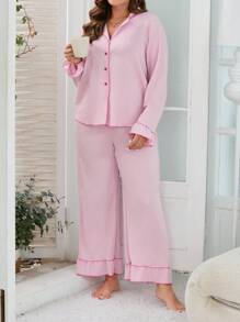 Plus Contrast Piping Flounce Sleeve Ruffle Hem PJ Set / Pajama Set - Pink - View 6