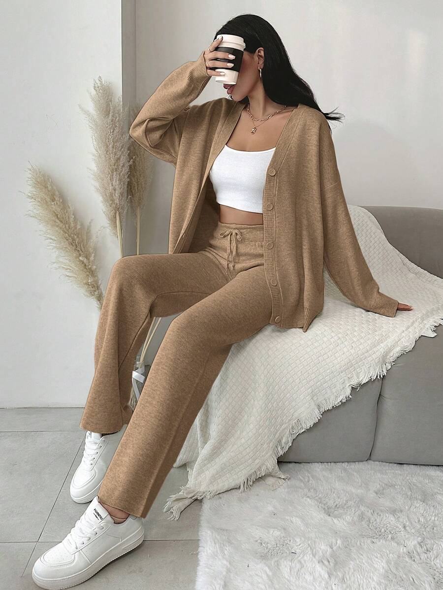 EURMUSE Women's Solid Color Button-down Cardigan And Knitted Straight-leg Pants Sweater Two-piece Set - Brown - View 1
