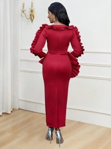 Lace Trimmed Round Neck Slim-fit Long Sleeve Dress - Red - View 2