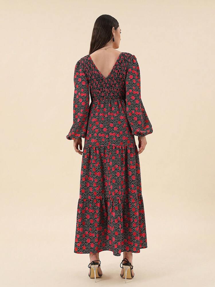 Allover Floral Print Lantern Sleeve Ruffle Hem Dress