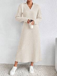 SHEIN LUNE Solid Color Knitted Ribbed Bodycon Dress - Apricot - View 5