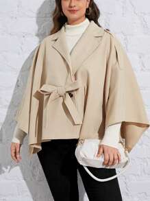 SHEIN Privé 大尺碼披風風格羊毛外套,採用前綁帶設計 - 卡其色 - 查看 1