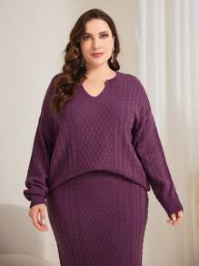 Mulvari Women's Plus Size Notched Neck Drop-shoulder Sweater & Skirt Set - Red Violet - View 5