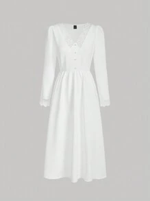 SHEIN MOD Contrast Lace Button Front Dress - White - View 1