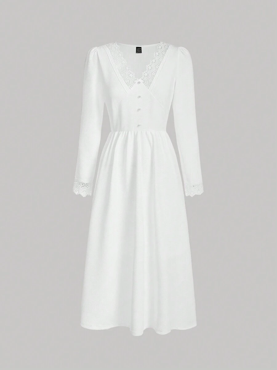 SHEIN MOD Contrast Lace Button Front Dress - White - View 1
