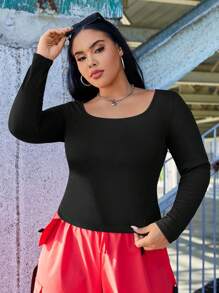 SHEIN EZwear 女性加大尺碼純色方領修身t恤