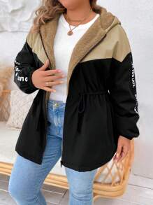 SHEIN LUNE Plus Letter Graphic Drawstring Waist Hooded Teddy Lined Jacket - Brown - View 4
