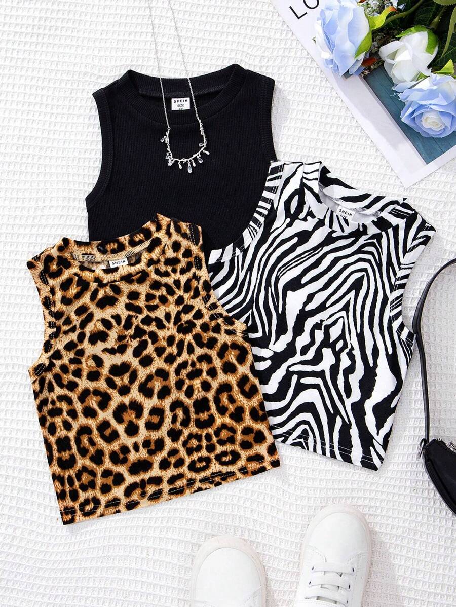 3pcs Young Girl Vintage And Simple Knitted Sleeveless Tank Top For Street Fashion - Black - View 1