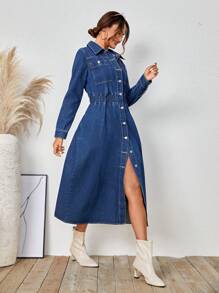 SHEIN LUNE Turn-down Collar Buttoned Denim Dress - Dark Wash - View 6