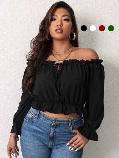 مقاس كبير بلوزة مكشوف الكتف مقلم بهدب معقود من الأمام اكمام منتفضة