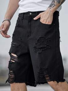Manfinity EMRG Men Cotton Ripped Raw Hem Denim Shorts Plain Denim Jorts Vacation Baggy Black Denim Shorts, For Husband, Boyfriend Gifts