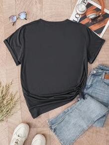 INAWLY 大码卡通文字印花短袖夏季 T 恤 - 深灰色 - 查看 2