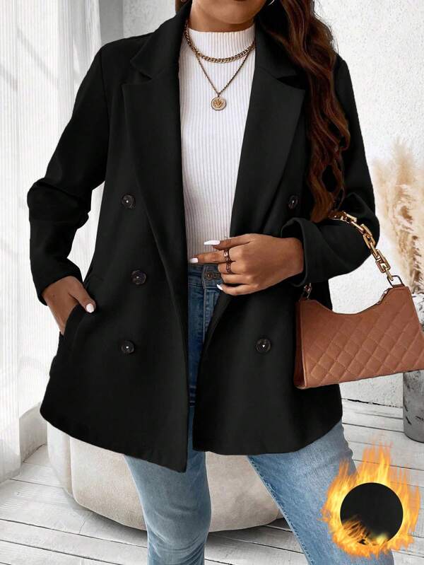 Franclia Plus Size Solid Color Double Breasted Classic Overcoat, Winter