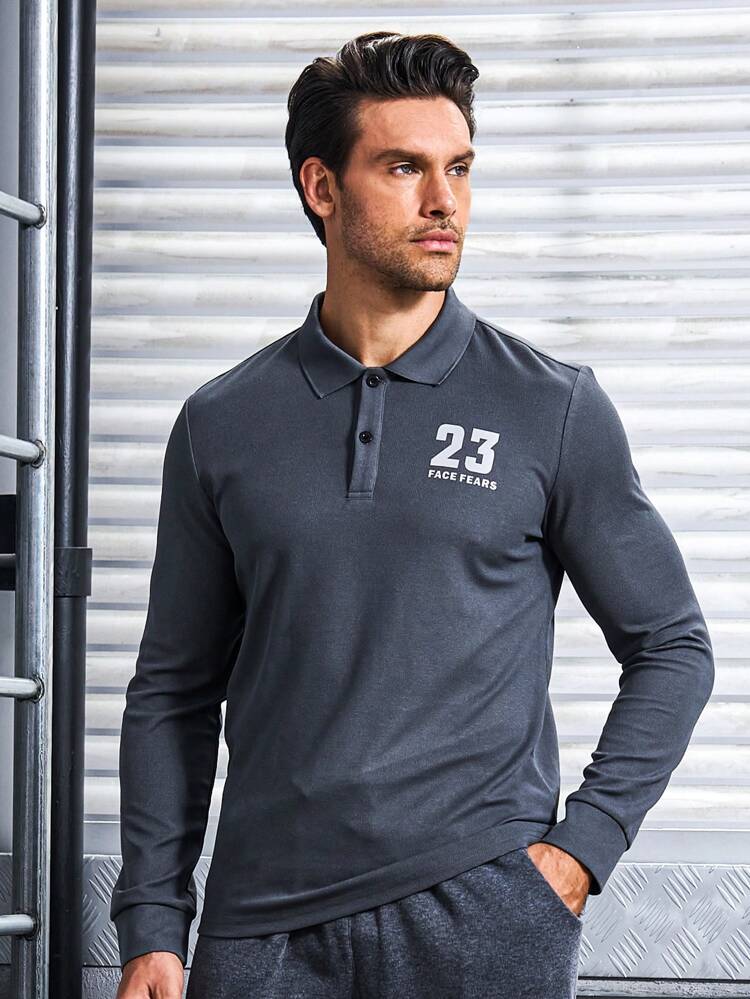 Boyfriend Style Men's Long Sleeve Polo Shirt With Arabic Numeral Print, Turn-Down Collar And Button Placket Workout Tops Golf Shirt