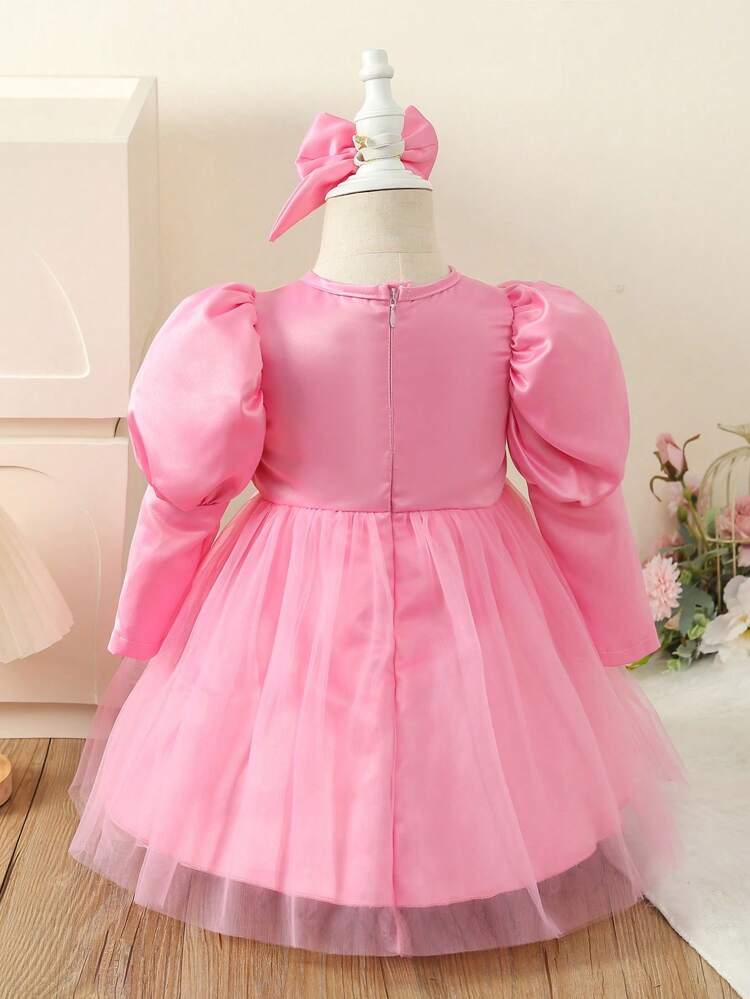 Baby Girls' Elegant Wedding Dress With Tulle Flounced Hem, Satin And Golden Print Design, With A Headband