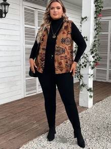 EMERY ROSE 女士大尺寸幾何圖案拉鍊無袖連帽夾克 - 卡其色 - 查看 4