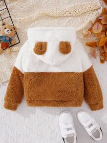 SHEIN 少女双色卡通刺绣3D耳朵设计卫衣 - 卡其色 - 查看 2