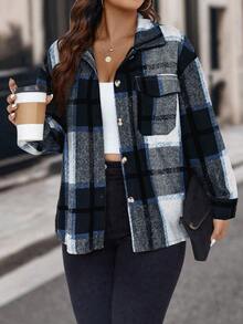 SHEIN LUNE 大码格子图案落肩袖夹克 - 藏蓝色 - 查看 4