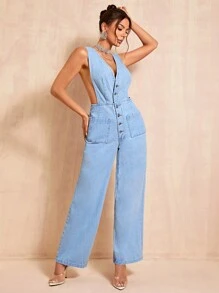 SHEIN BAE 女性無袖牛仔連身褲,附有扣子 - 藍色 - 查看 6