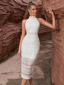 Halterneck Sleeveless Split Back Guipure Lace Cocktail Party Bodycon Dress - White - View 3