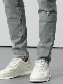 Manfinity Homme Men Cotton Bleach Wash Ripped Skinny Jeans Slim Fit Long Washed Light Jean Cargo Plain Blue Work Business Casual Husband