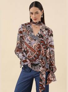 SHEIN Privé 佩斯利印花荷葉邊袖襯衫,領口繫帶 - 彩色 - 查看 3
