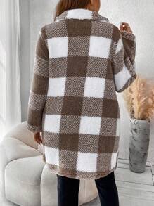 SHEIN Franclia 大尺寸格紋翻領大衣 - 灰色 - 查看 2