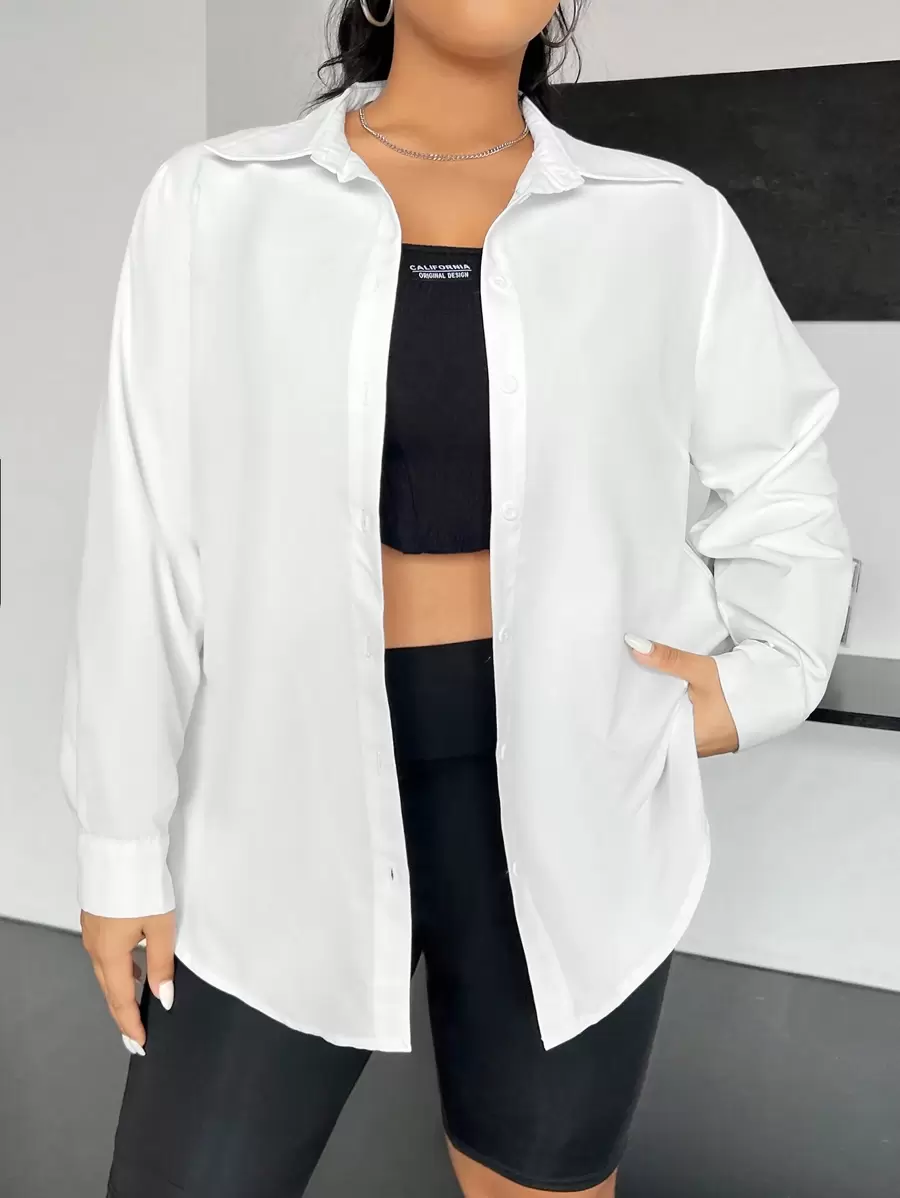 SHEIN EZwear Plus Solid Button Front Shirt - White - View 1