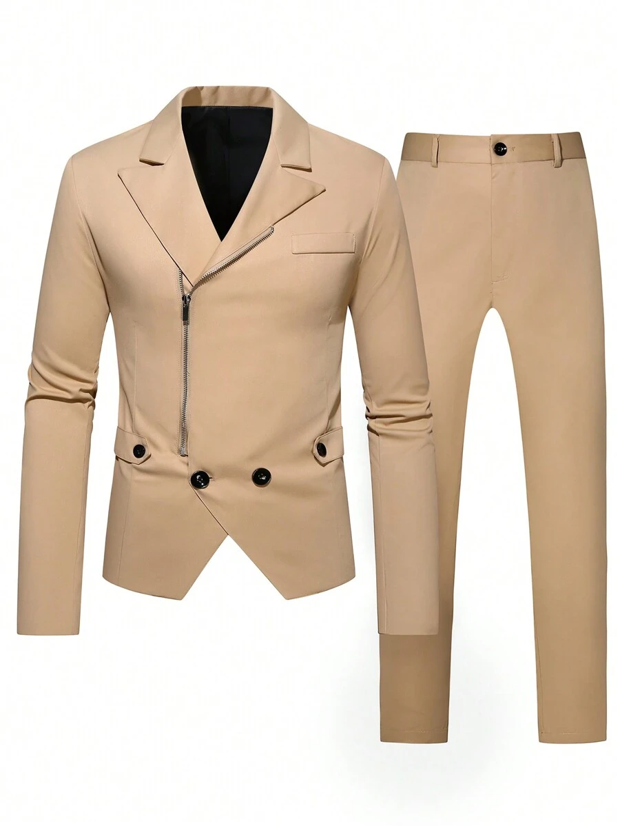 Manfinity Mode 男士拉鍊閉合雙鈕西裝和褲子套裝 - 卡其色 - 查看 1