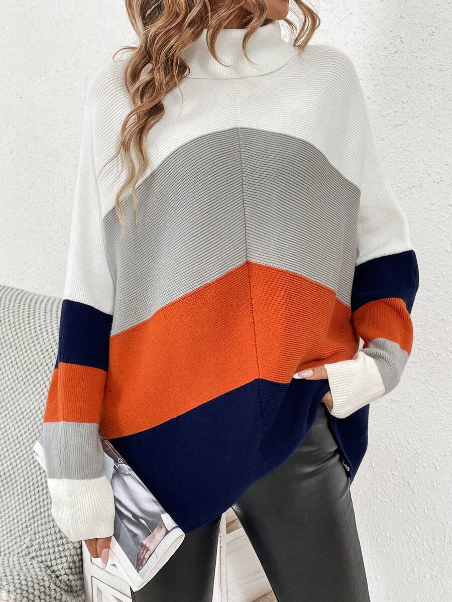 SHEIN Frenchy Color Block Turtleneck Batwing Sleeve Sweater - White - View 1