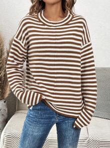 SHEIN LUNE 条纹图案落肩针织套头衫秋冬毛衣 - 杏色 - 查看 4