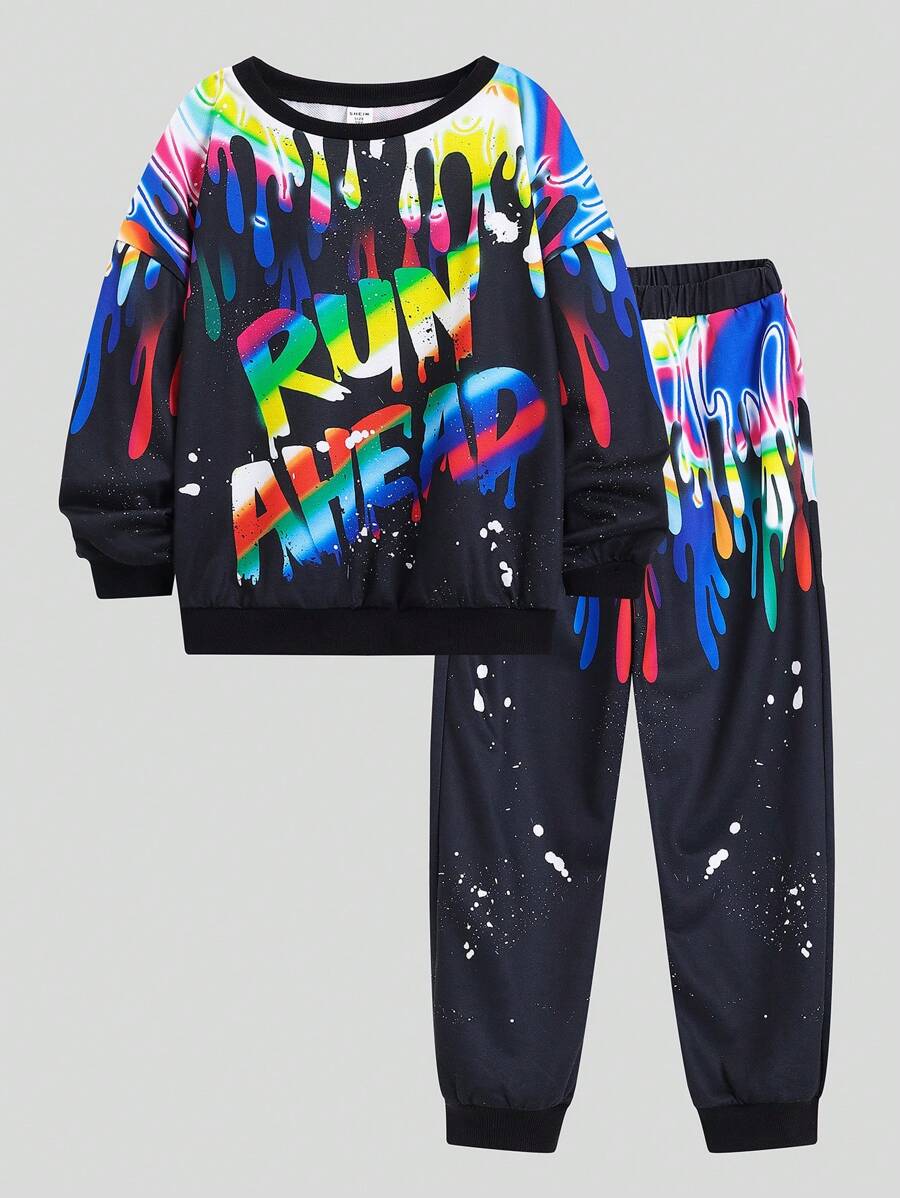 Con trai Giải trí Vòng cổ In thư Áo nỉ Và Quần Chạy bộ Đan Hai chiếc Bộ - màu đen - Xem 1