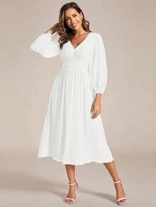 EVERPRETTY Elegantes Kurzes Brautkleid Mit V-ausschnitt Und Laternenärmeln - Weiss - Übersicht 3