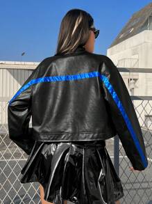 SHEIN EZwear CURVE Plus Letter Graphic Colorblock PU Leather Jacket - Black - View 2