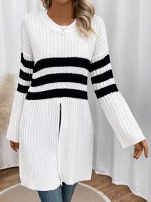 SHEIN LUNE 女款開衩下擺長條紋毛衣 - 白色 - 查看 1