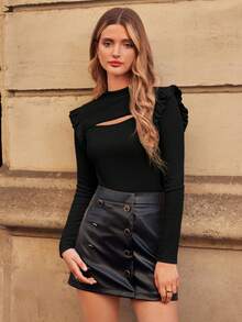 SHEIN Frenchy Women's Hollow Out Ruffle Edge T-shirt - Black - View 2