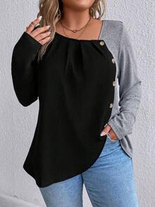 Plus Size Colorblock Button Placket Long Sleeve T-shirt - Black - View 5