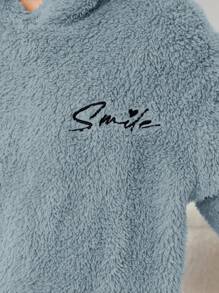 SHEIN Cô gái Tween Thêu Chữ Thiết kế tai 3D áo có mũ Flannel Bộ hoodie & Quần PJ - Màu xanh bụi bặm - Xem 3