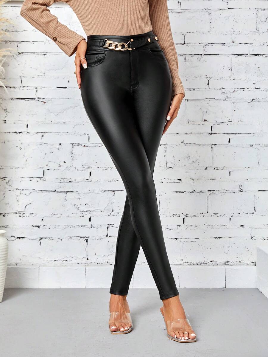 SHEIN LUNE 女性時尚鏈條裝飾純色修身長褲