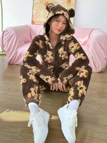 SHEIN EZwear Bear Pattern 3D Ear Design Hooded Zipper Front Flannel Jumpsuit - Coffee Brown - View 3