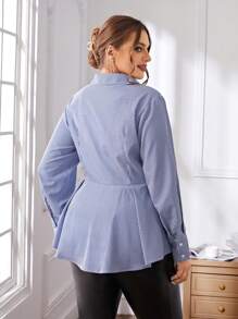 SHEIN Privé 大尺碼荷葉邊條紋襯衫 - 藍白色 - 查看 2