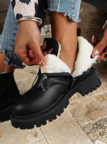 女士冬季2023新款厚底靴英伦风短靴保暖内衬百搭女靴 - 黑色 - 查看 4