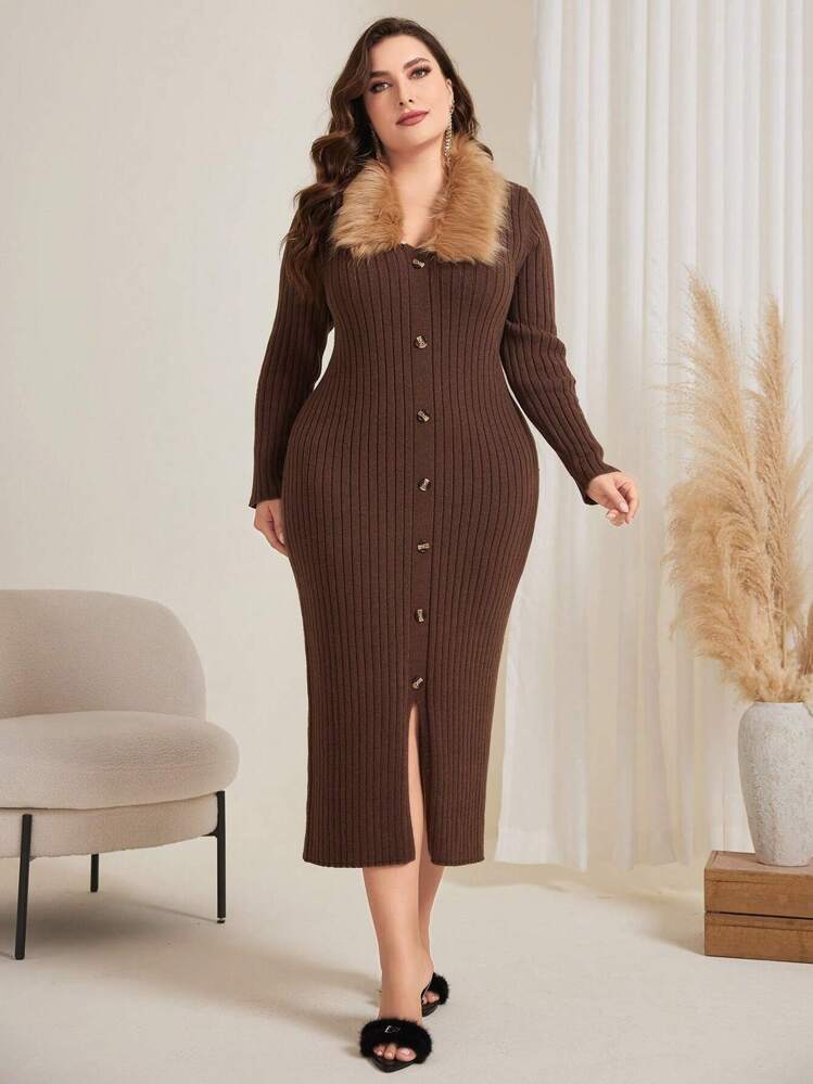 Modelyn Plus Size Sweater Dress With Fur Collar And Button Placket