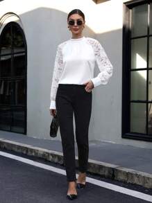 SHEIN Clasi Contrast Lace Raglan Sleeve Blouse - White - View 3