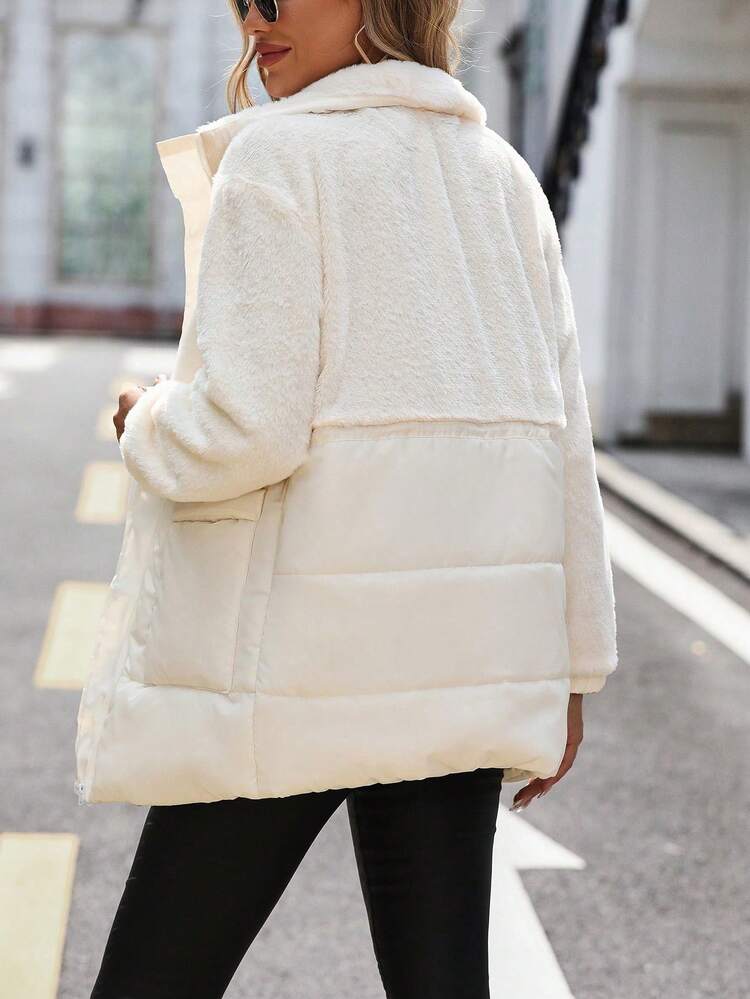 Dual Pocket Drawstring Waist Teddy Padded Padded Coat Clothes Winter Fall Cloth For Women