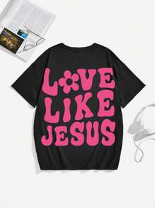 Áo thun ngắn tay thường ngày có in chữ cho nữ tuổi teen, thích hợp cho mùa hè, mặt sau quần áo - màu đen - Xem 1